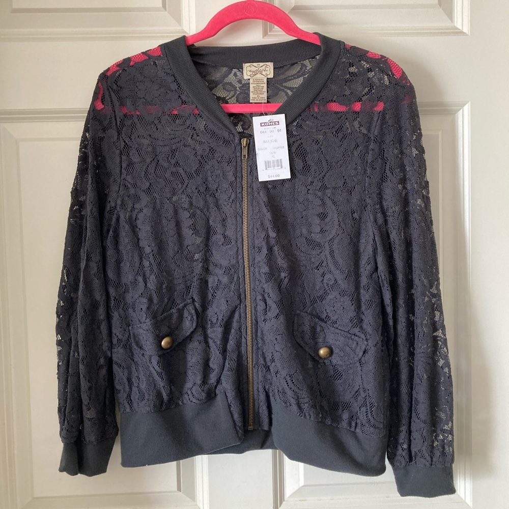 Gray Lace Zip Up Eyelash Couture Shirt XL